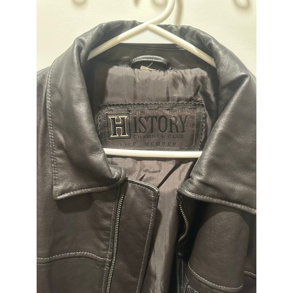 History Channel Leather Jacket L Brown Full Zip Logo Embroidered Bomber